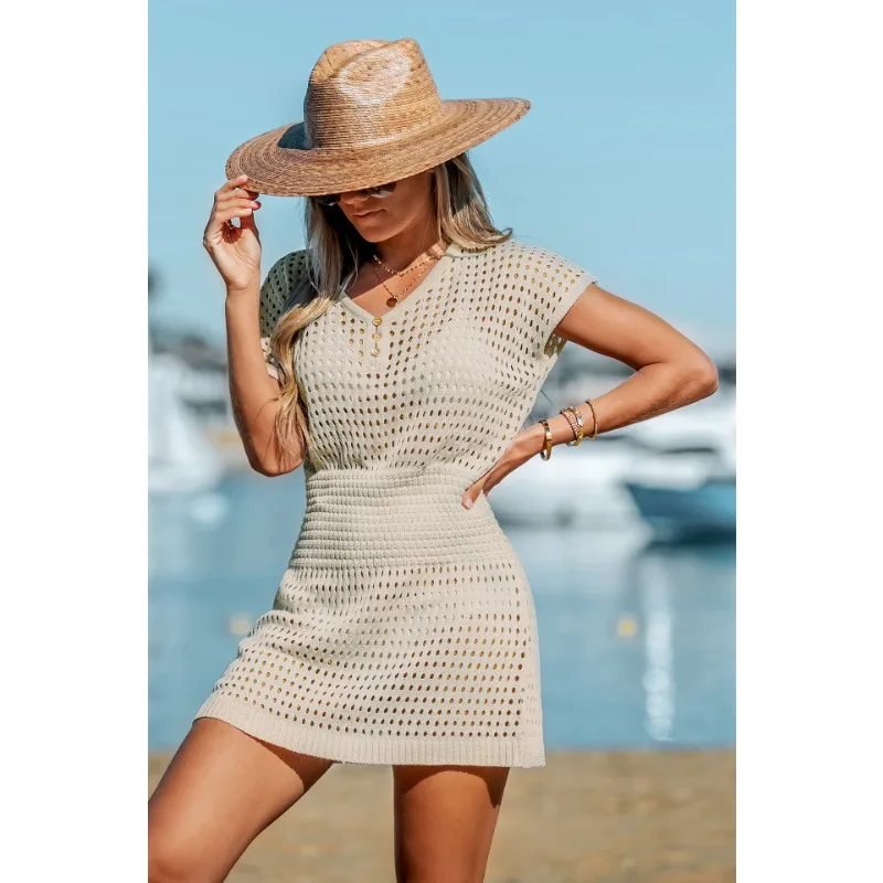 

Sexy Women Knit Crochet Dress Beach Cover Up Bikinis See-through Hollowed Pareo Swimwear Bathing Suits Swimsuit Women Dresses