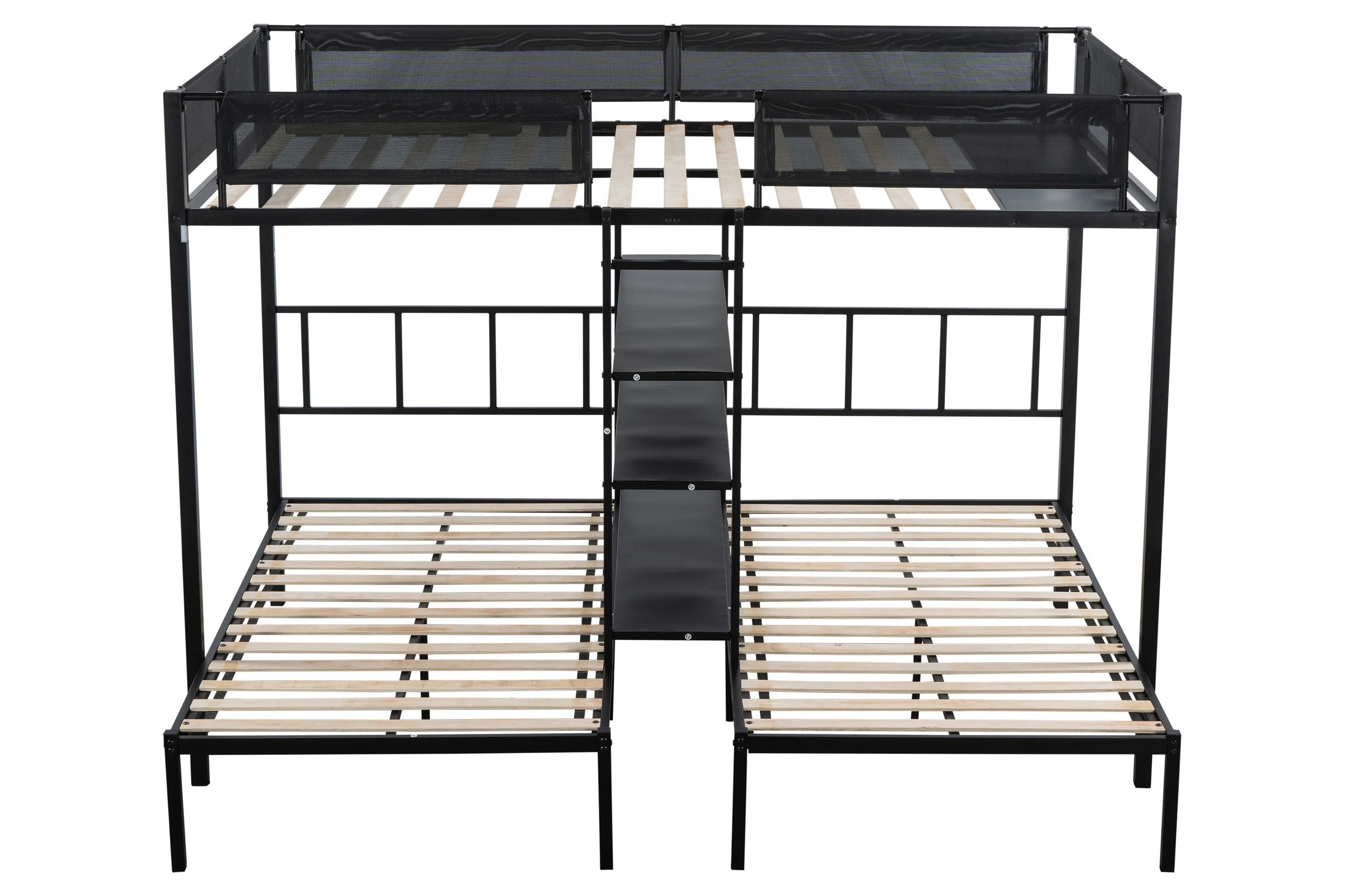 

Metal Full over Twin Beds with Shelves/ Sturdy Metal Frame/ Comfortable Guardrail/Built-in 3-Tier Shelves/ No Box Spring Needed