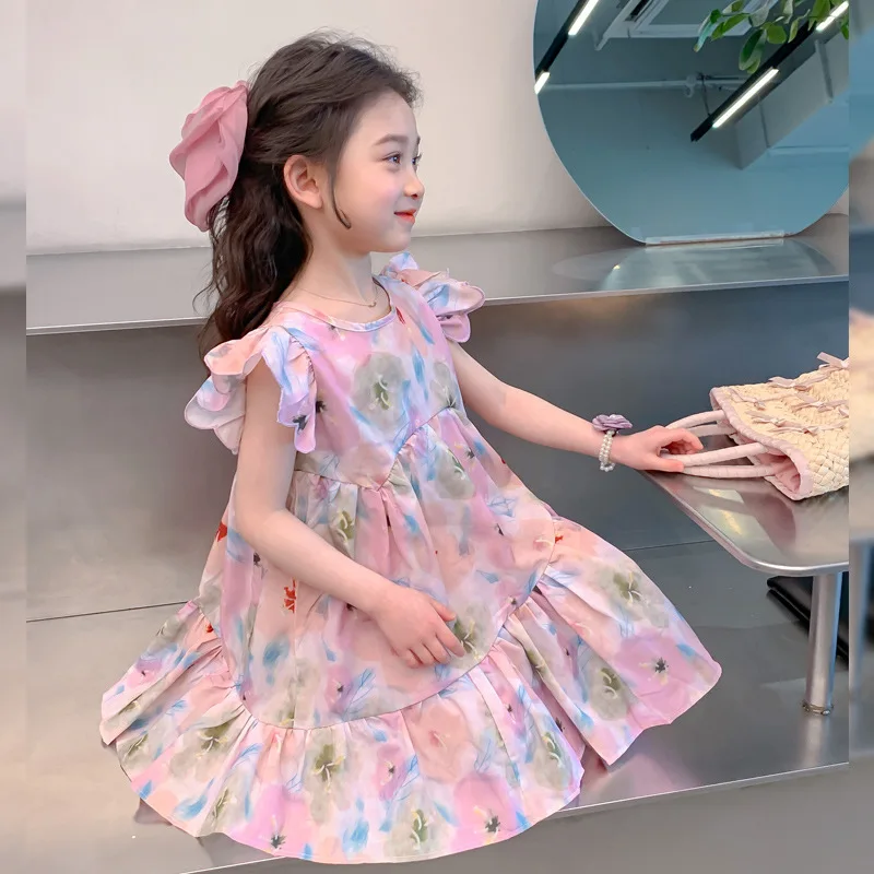 

2024 Summer Toddler Girls Sling Dress Fly Sleeve Floral Printed Children Girls Dress Korean Loose Young Babys Girls Beach Dress