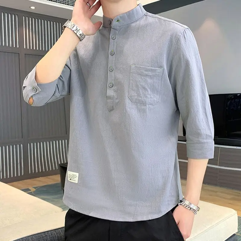 

2023 Men's Clothing Spring Summer New Loose Casual Short Sleeve Solid Color Stand Collar Spliced Button Pocket Simplicity Tops