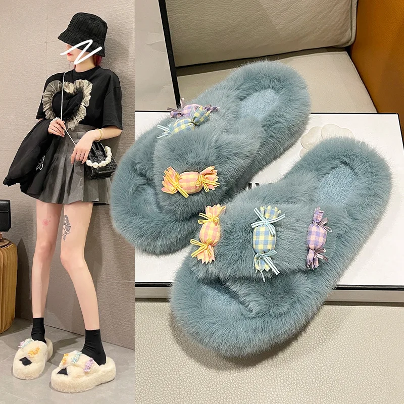 Open Toe Fluffy Slippers Women Winter Warm Flat Shoes Multicolored Faux Fur Outdoor Slippers Cross Plush Flip Flops Woman
Open Toe Fluffy Slippers Women Winter Warm Flat Shoes Multicolored Faux Fur Outdoor Slippers Cross Plush Flip Flops Woman