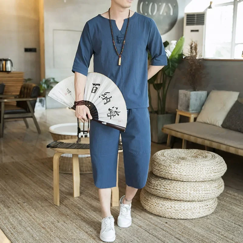 Summer Japanese Style Clothing Set Samurai Man T-shirt Trousers Breathable Chinese Suit Kimono Top Cropped Pants Outfit Harajuku 
Summer Japanese Style Clothing Set Samurai Man T-shirt Trousers Breathable Chinese Suit Kimono Top Cropped Pants Outfit Harajuku