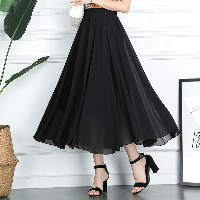 

High Quality Chiffon Elastic High Waist Long Skirt Womens Casual Pleated A-Line Beach Skirts Boho Saia Feminina Faldas Jupe