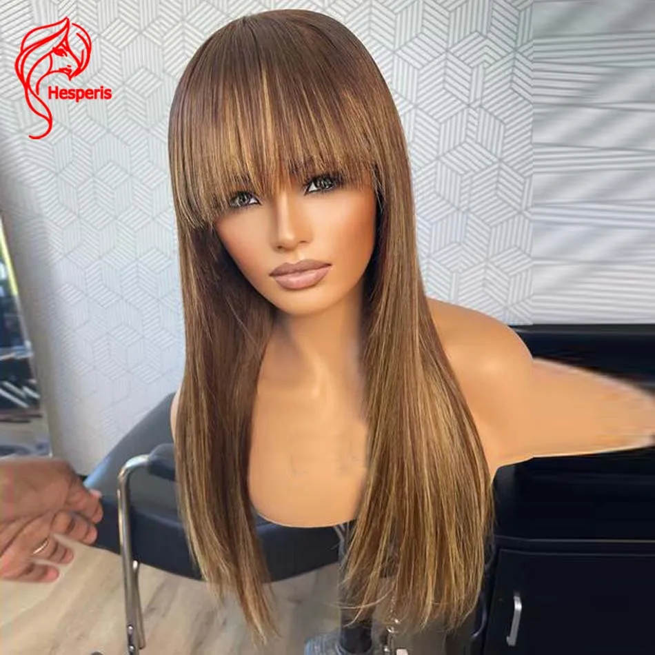 

Hesperis Blonde Highlight Human Hair Wig With Bangs Brazilian Remy Wear And Go Full Machine Made Wig Scalp Top Silk Straight