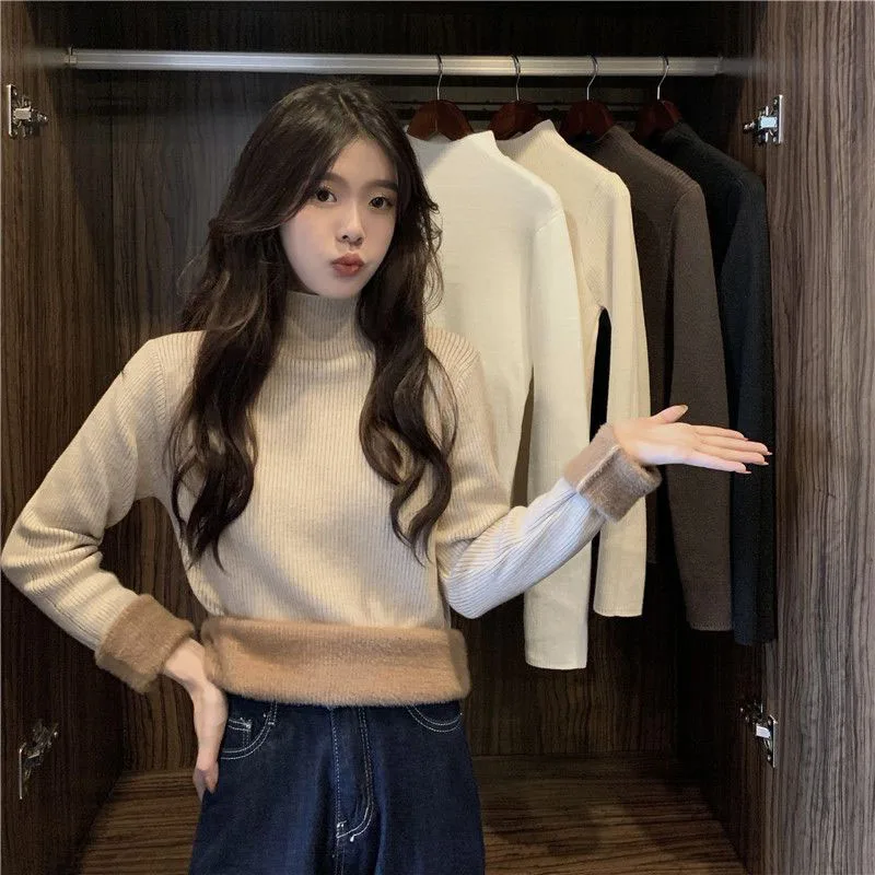 

Fall Warm Slim Women Sweater Korean Casual Mock Neck Thick Velvet Knit Pullover Solid Soft Basic All Match Knitwear Jumper New