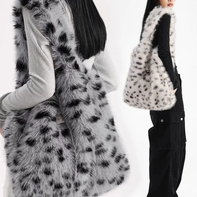 

Korean Fashion Fluffy Women Faux Fur Leopord Shoulder Bag Tote Bags Large Capacity Winter Plush Handbag Soft Lightweight