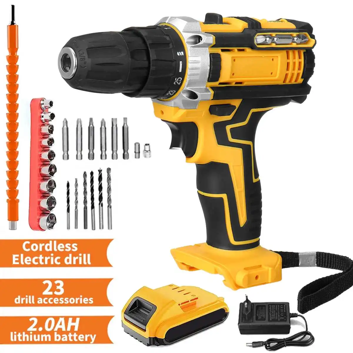

18V 25+3 Torque 45Nm Cordless Electric Drill 3/8" Chuck Screwdriver 23pcs Drills 2 Variable Speed Drilling Tool with One Battery