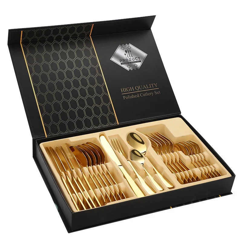 24pcs Golden Tableware Stainless Steel Cutlery Flatware Fork Knife Spoon Dinnerware Silverware Set With Gift Box
24pcs Golden Tableware Stainless Steel Cutlery Flatware Fork Knife Spoon Dinnerware Silverware Set With Gift Box