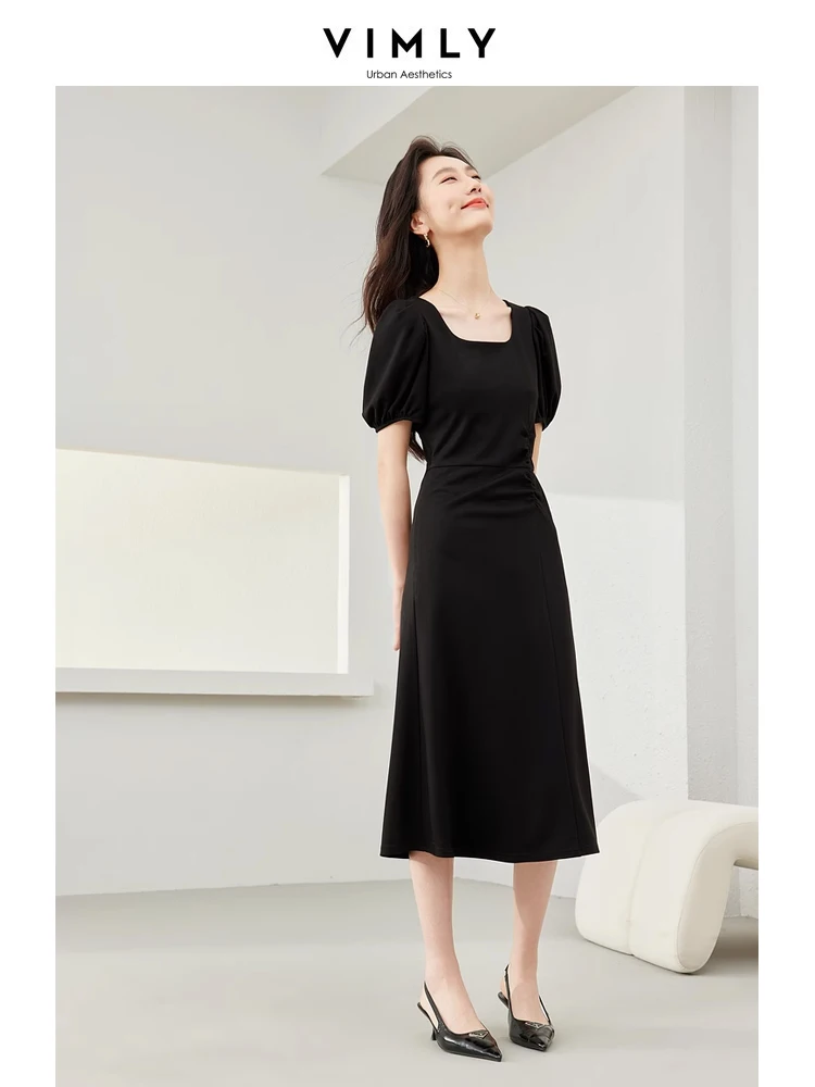 

Vimly Summer Black Dress Women 2024 Side Folds Short Puff Sleeve Female Solid Elegant A-line Midi Dresses Woman Clothing M6751