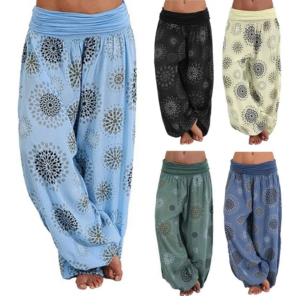 

Women Harem Pants Retro Ethnic Print Elastic Mid Waist Loose Deep Crotch Baggy Linen Wide Leg Trousers Bloomers Long Harlan Pant