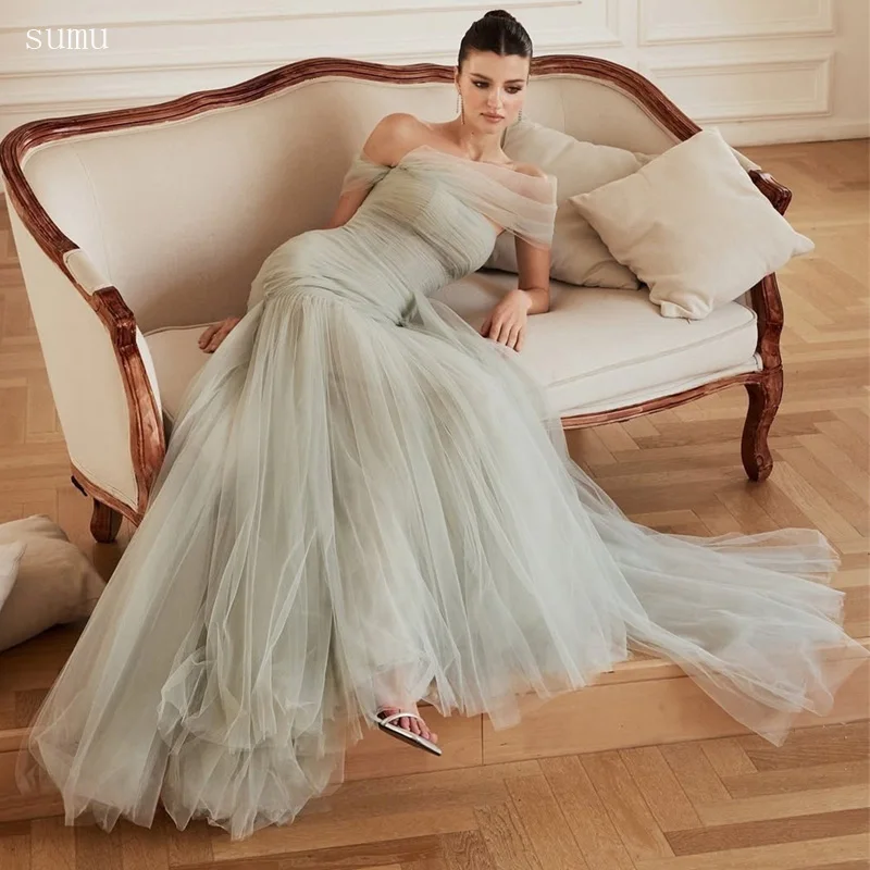 Off Shoulder Pleated Prom Dresses Mermaid Sleeveless vestidos de noche Tulle Floor-Length Formal Evening Customized 3 S97aef4b6ebd54de28775120dfc3fed30M