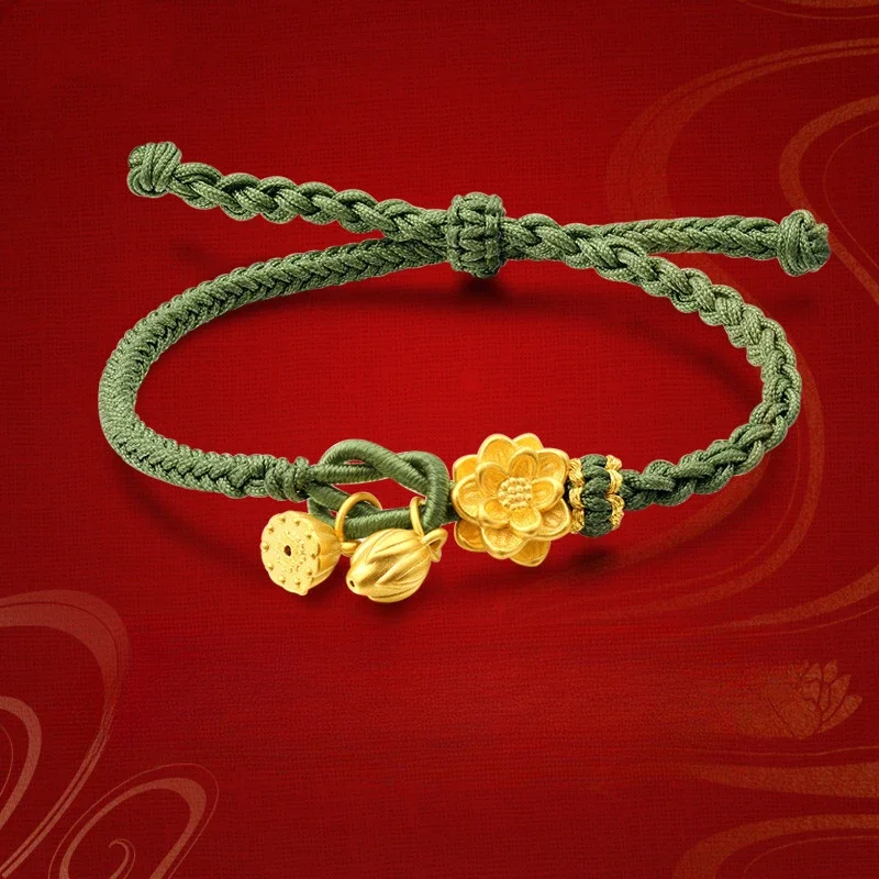 

Imitation Gold Same Style Woven Lotus Red Hand Strap Ancient Style Alluvial Gold Lotus Seedpod Bud Couple's Ring Buckle Bracelet