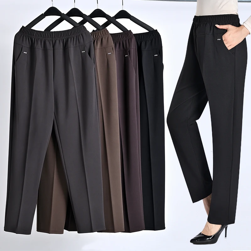 

6XL 7XL 8XL Middle-aged Elderly Women's Trousers Spring Autumn Elastic High Waist Straight Pants Mother Winter Warm Fleece Pants