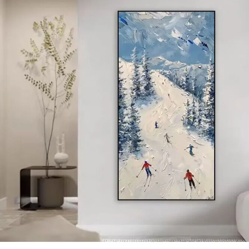 

Modern Abstraction Snowy Mountain Skiing Handmade Oil Painting Art Poster Living Room Decoration Painting Dining Room Living