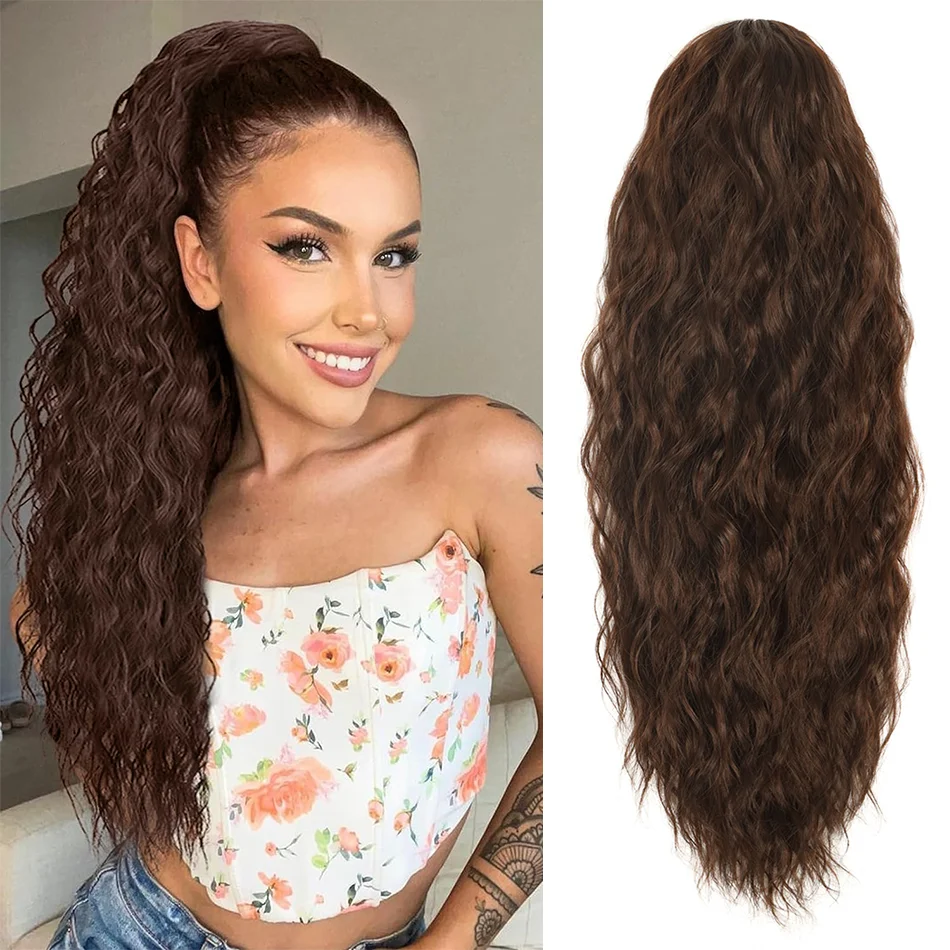 

BOL Synthetic 26Inch Long Natural Wave Ponytail Drawstring Ponytail Corn Wave Hairpiece Clip in Hair Black Pony Tail for Women