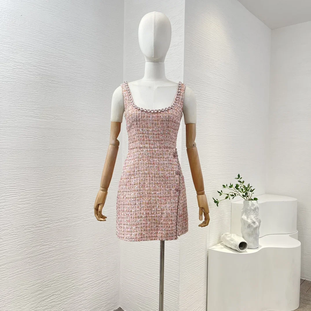 

High Quality Spring Summer New Textured Pink Tweed Sequined Diamonds Scoop Neck Asymmetrical Hemline Women Mini Dress