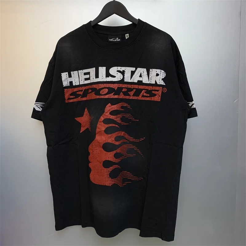 

Черные спортивные футболки 2024ss HELLSTAR с эффектом потертости для мужчин и женщин, футболка оверсайз высокого качества с принтом логотипа 1:1