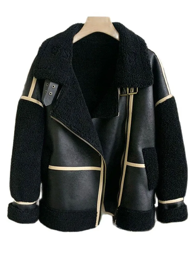 

2023 Black Faux Fur Suede Fuzzy Jacket Motorcycle Biker Sheepskin Coat Women Winter Spliced Thickened Fur Integrated Coat