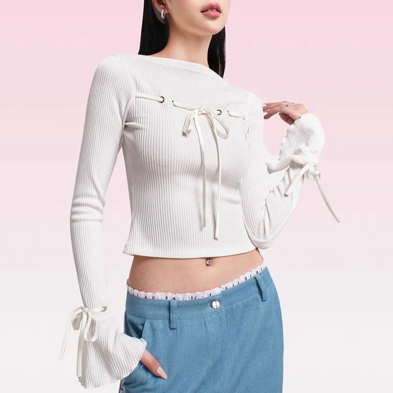 Casual FUll Flare Sleeves SHort Blouse Spring/Summer Women's T-shirts 2024 New O-neck SOlid Bow lace up Short T-shirt for Women
Casual FUll Flare Sleeves SHort Blouse Spring/Summer Women's T-shirts 2024 New O-neck SOlid Bow lace up Short T-shirt for Women