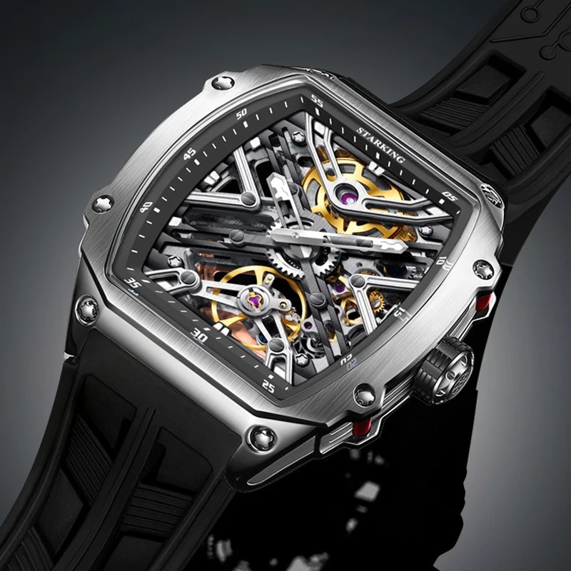 

STARKING Brand Fashion Skeleton Mechanical Watch for Men Sports Silicone Strap 50M Waterproof Luxury Tourbillon Watches Mens