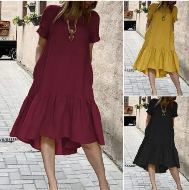 2023 Women Dress Holiday Summer Short Sleeve Sundress Solid Casual Kaftan Ruffles Loose Vestidos Pockets O-Neck Robe Femme
2023 Women Dress Holiday Summer Short Sleeve Sundress Solid Casual Kaftan Ruffles Loose Vestidos Pockets O-Neck Robe Femme