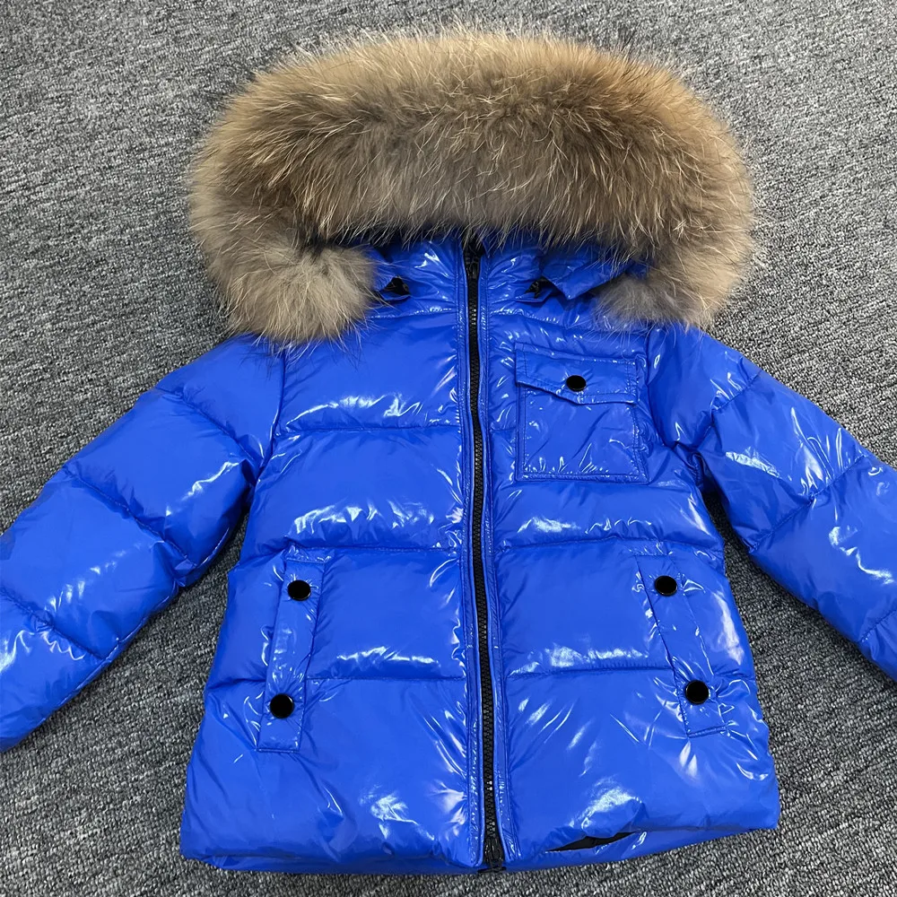

Boy's Down Jacket With Hood Real Raccoon Fur Brand Design Toddler Snowsuit Shiny Outwear For Baby Girl Age 1-14T Kids Coats