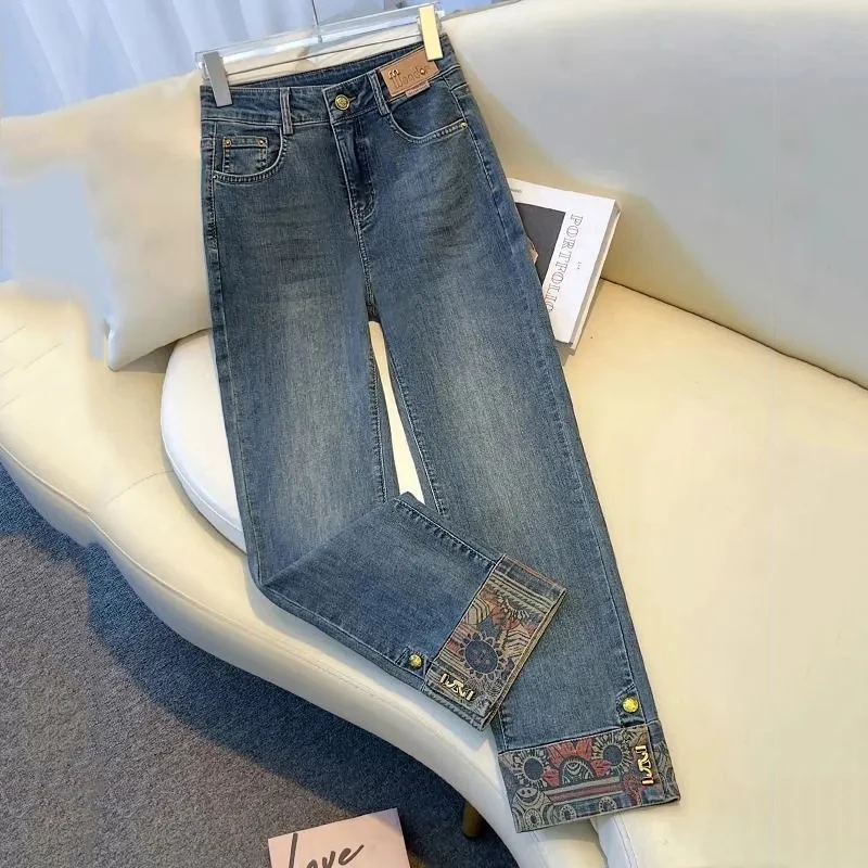 

New Chinese Patchwork Smoke Pipe Jeans Women Spring Autumn Rolled Edge Nine Straight Leg Pants Female Casual Cowboy Pants Blue