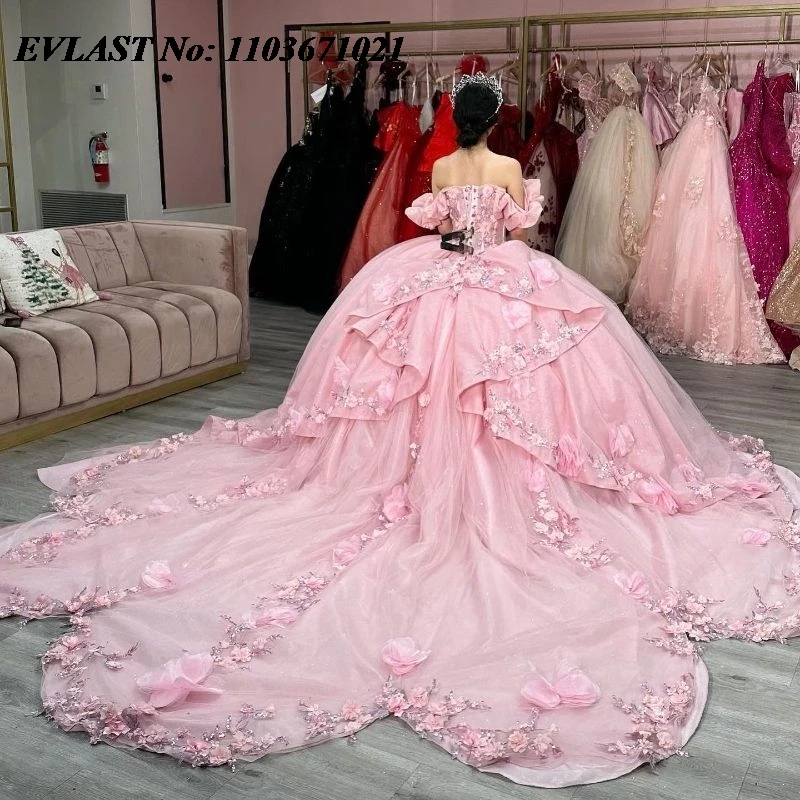 

EVLAST Mexican Pink Quinceanera Dress Ball Gown 3D Floral Applique Beading Tiered Corset Sweet 16 Vestidos De XV 15 Anos SQ140