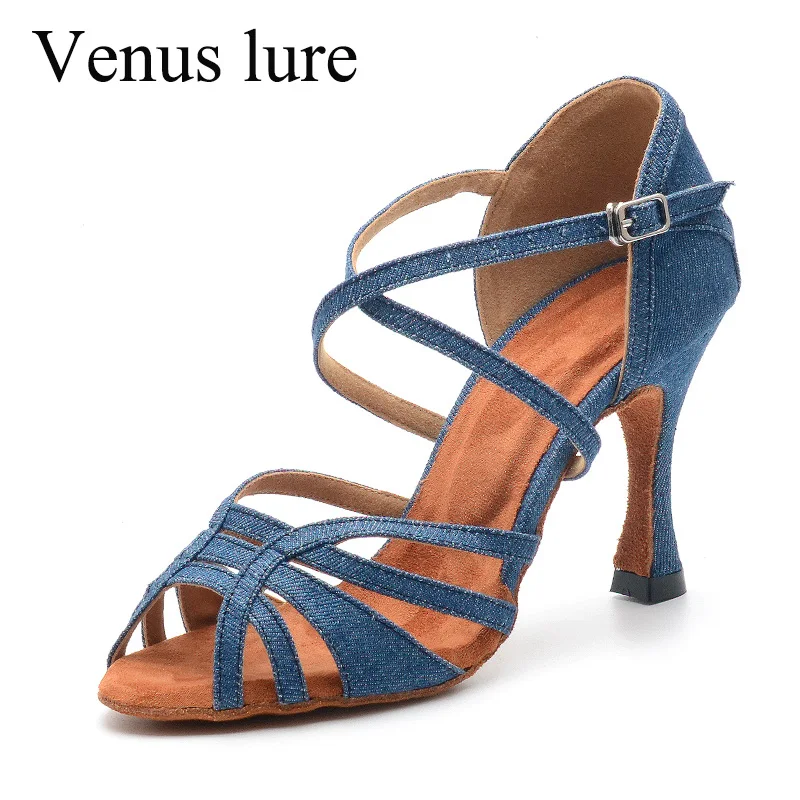 

Venus Lure Blue Denim Open Toe Tango Roman Dance Sandals with Ankle Strap 9CM