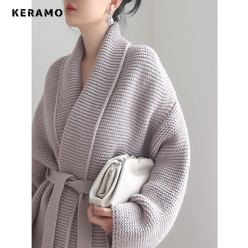 

Women Vintage Style Belted Solid Color Knitting Long Sleeve X-long Cardigans 2023 Winter Fashion Casual Oversized Simple Sweater