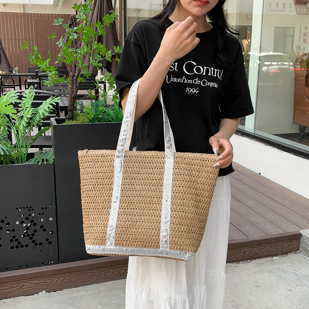 Sequin Crochet Beach Tote - Sparkly Straw Shopping Bag 12 S97c8ba1c5e2f4b118eaea967e882a3878