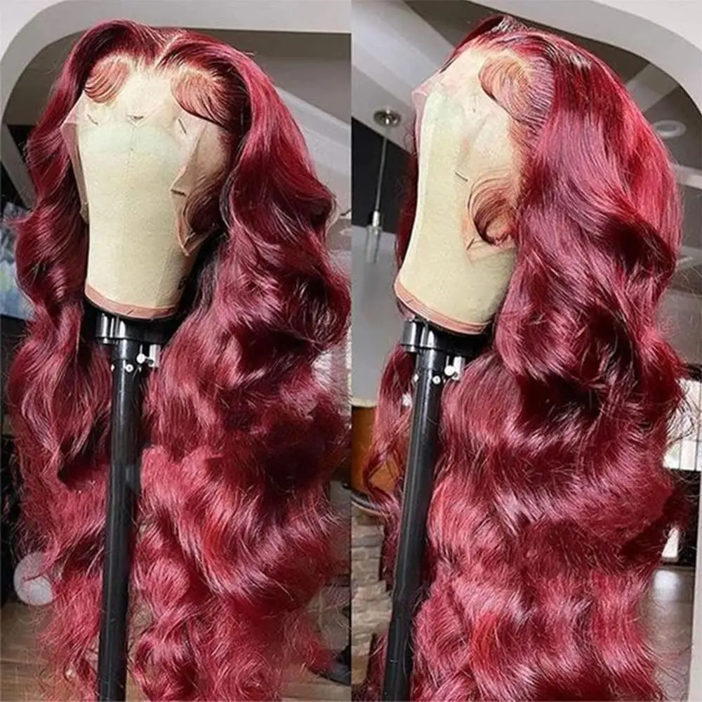 

99J красные парики из человеческих волос на сетке спереди бордового цвета, волнистый парик без клея, 13x4 HD, прозрачный парик на сетке спереди