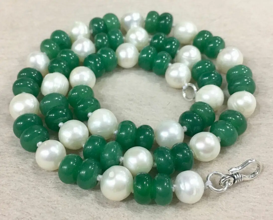 

8-9 мм белый культивированный жемчуг и 5x8 мм зеленые нефритовые драгоценные камни круглые бусины ожерелье 16-24"