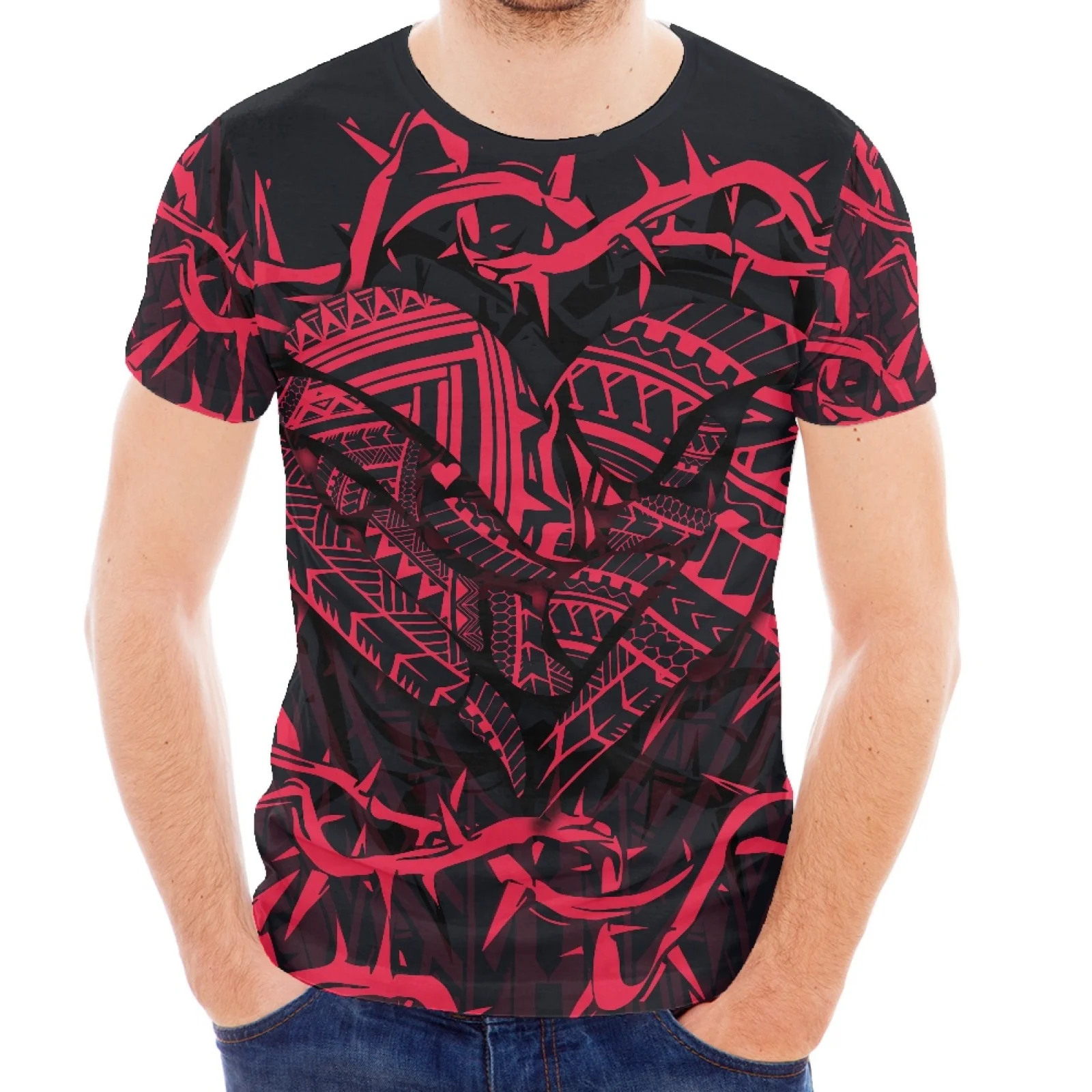 

Love Tattoo Print Design Polynesian Traditional Tribe New Round Neck Short Sleeve Slim T-Shirt Men's Spring And Summer Style