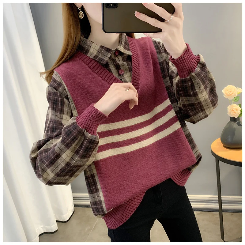 

Spring Autumn New Women Jumper Fake Two Pieces Lattice Shirt Ladies Short Knitting Long Sleeved Pullover Coat Female Knitted