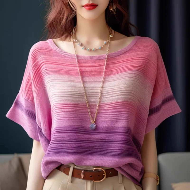 

2024 Summer New High End Light Luxury French Retro Hong Kong Style Pink Purple Horizontal Stripe Short Sleeved T-shirt for Women