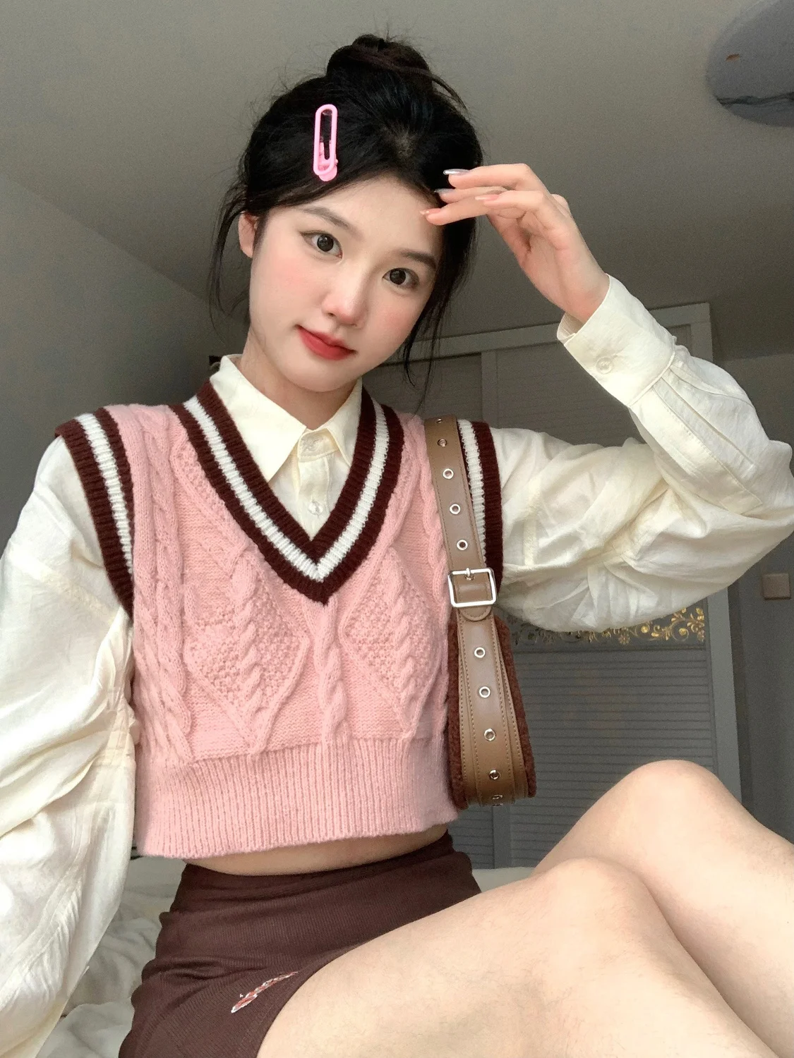 

2024 korean japanese style college style women graceful jk school uniform set sweet v-neck pink knitted vest shirt 3-piece set