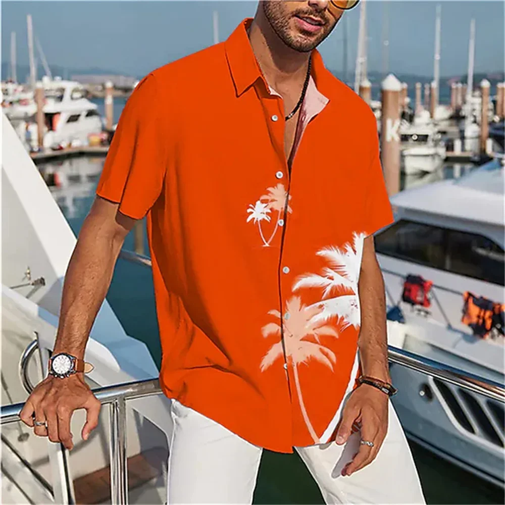 

2023 Summer Men's Hot Sale Aloha shirt Coconut Tree Pattern Print Blue Men's Beach Short Sleeve Button Shirt Top S-5XL