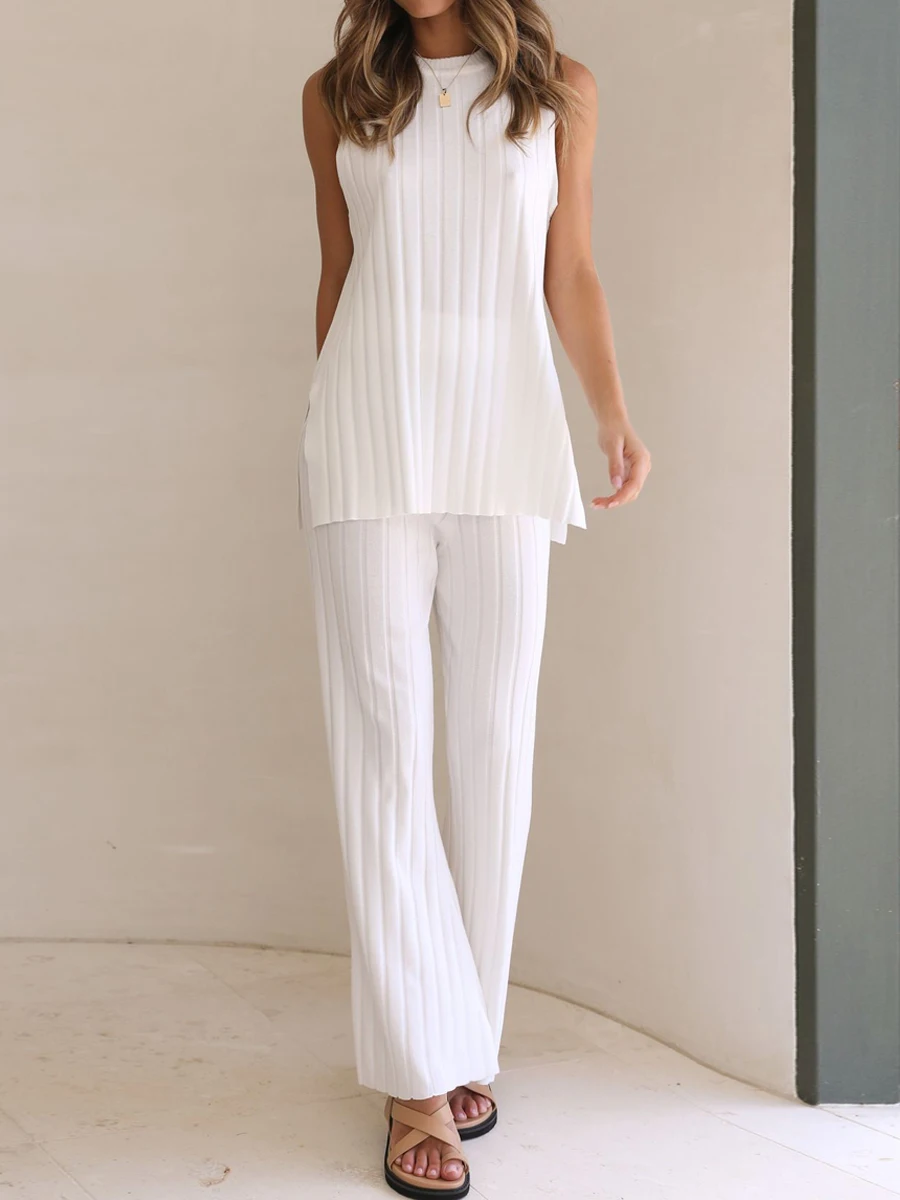 

Women Summer Ribbed Knitted Two Piece Outfits Solid Color Sleeveless Split Tank Tops and High Waist Wide Leg Pants Loungewear