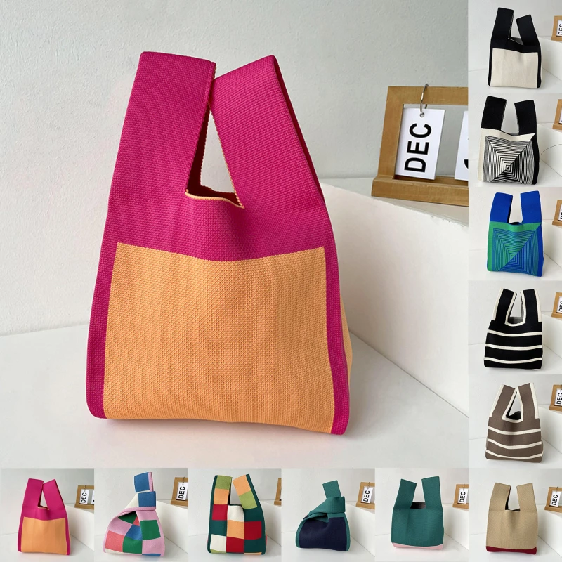 Handmade Knit Handbag Women Mini Knot Wrist Bag Japanese Casual Color Wide Stripe Plaid Tote Bag Student Reusable Shopping Bags
Handmade Knit Handbag Women Mini Knot Wrist Bag Japanese Casual Color Wide Stripe Plaid Tote Bag Student Reusable Shopping Bags