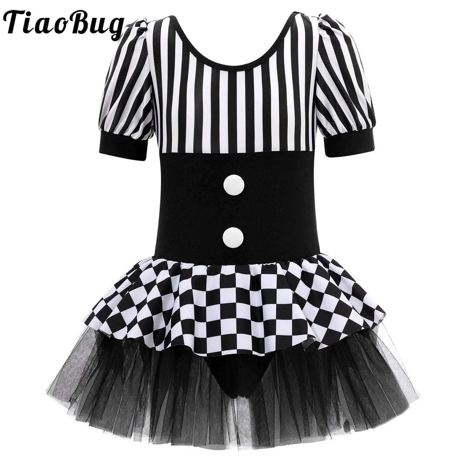 

Kid Girls Halloween Christmas Circus Clown Cosplay Costume Short Sleeve Stripes Checkerboard Tutu Dress Leotard Ballet Dancewear