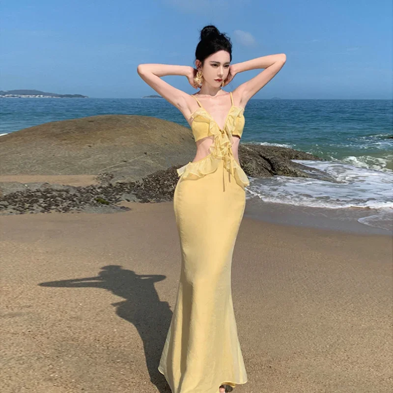 

Sexy Dress for Women Seaside Photography Fairy Straps Sundress Summer Vacation Wear Removable Hollow Out Backless Beach Dresses