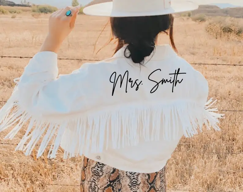 White Fringe Mrs Personalized Denim Jacket Custom Bride Jean Wedding Jackets Bridal Engagement Gift Cowgirl Bachelorette Party 
White Fringe Mrs Personalized Denim Jacket Custom Bride Jean Wedding Jackets Bridal Engagement Gift Cowgirl Bachelorette Party