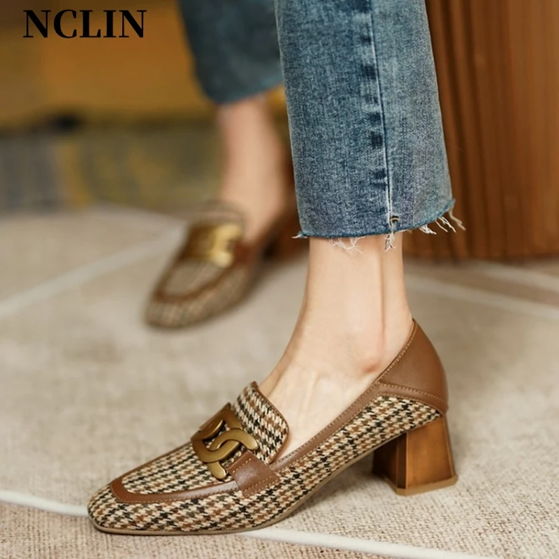 

New Autumn Womens Loafers Square Toe Chunky Heel Shoes For Women Spring Women Shoes Lattice Women Pumps Shoes Zaptos De Mujer