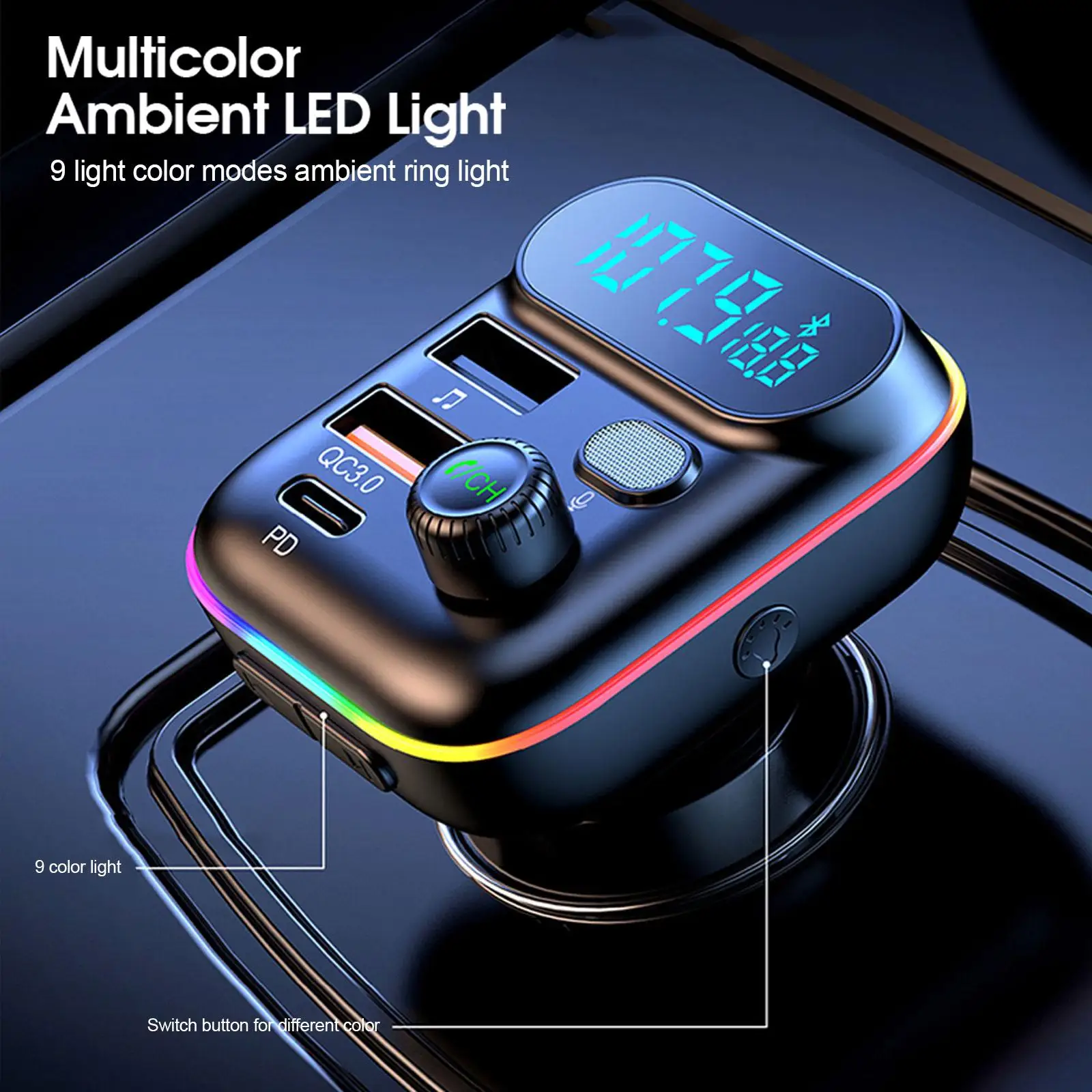 

Car Bluetooth 5.0 FM Transmitter QC3.0 PD Type C Dual Ambient TF Car Player Card Charger Light Handsfree MP3 Support USB ﻿ X1T5