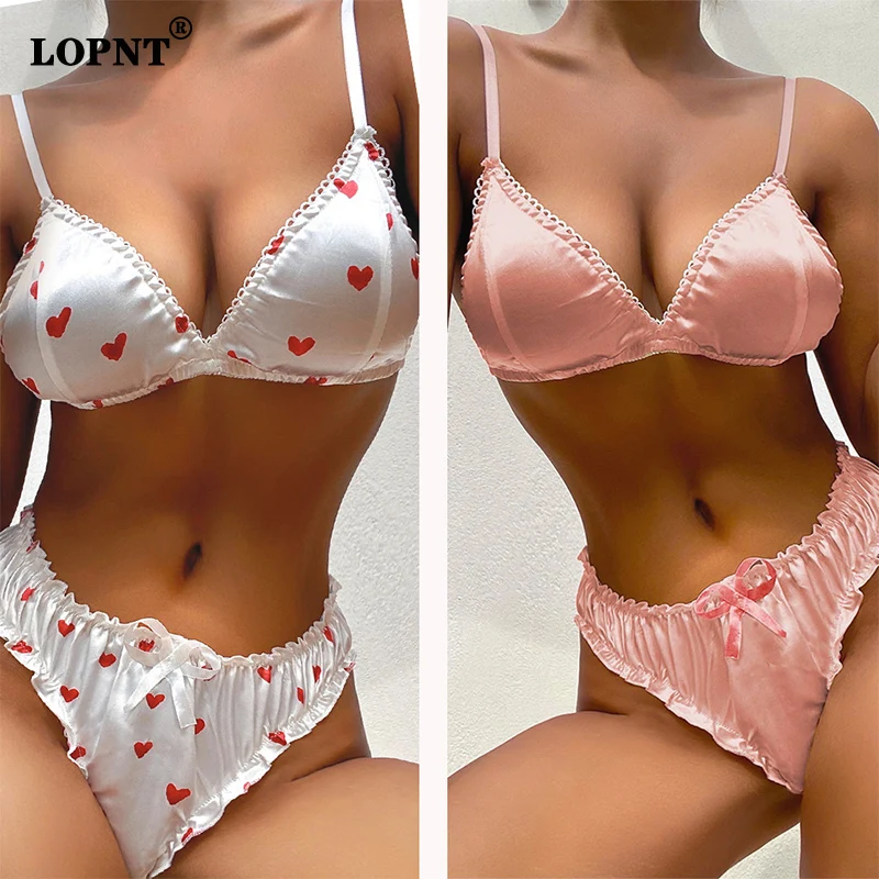 Lopnt New Satin Lingerie Set Sexy Women Underwear White Love Print Bra Set Female Pink Ruffles
