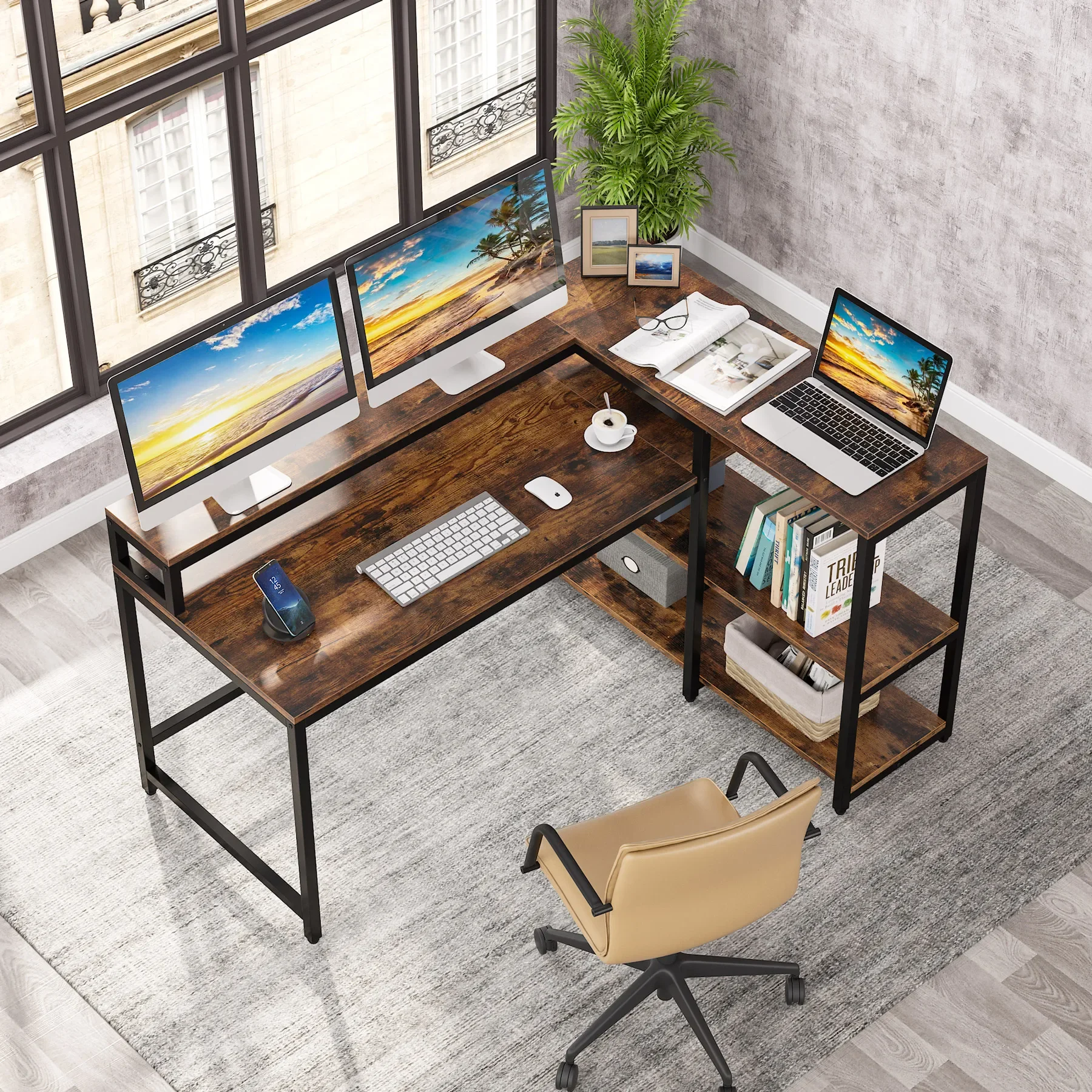 

Tribesigns 55 Inch Reversible L Shaped Computer Desk with Storage Shelf Industrial Corner Desk with Shelves and Monitor Stand