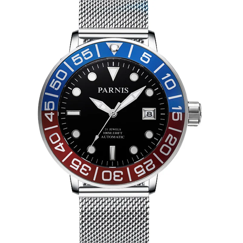 

Parnis 42mm Automatic Watch for Men Miyota Movement Black or White Dail Sapphire Crystal Auto Date Aluminum Bezel Mesh Strap