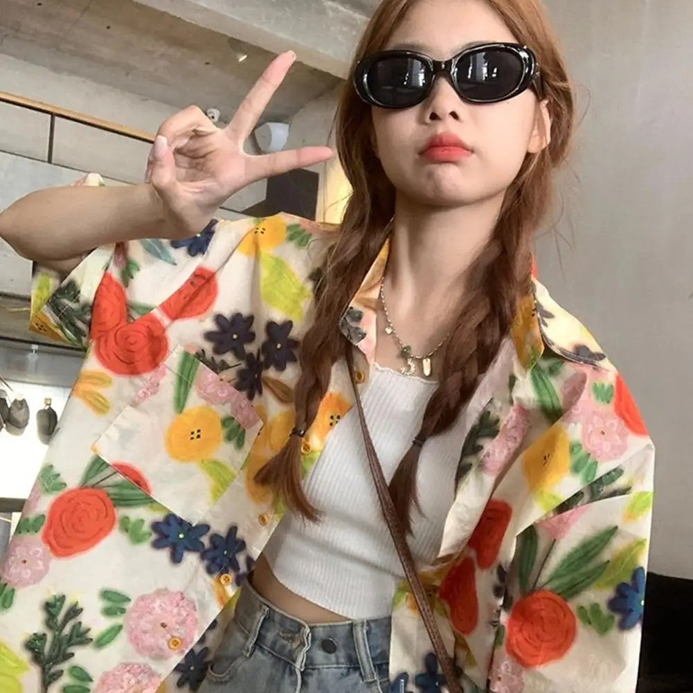 

2024 New Beach Floral Printed Casual Blouse Women Hawaii Vacation Lapel Summer Clothes Shirts Short Sleeve Women Fashion Lo N1H2