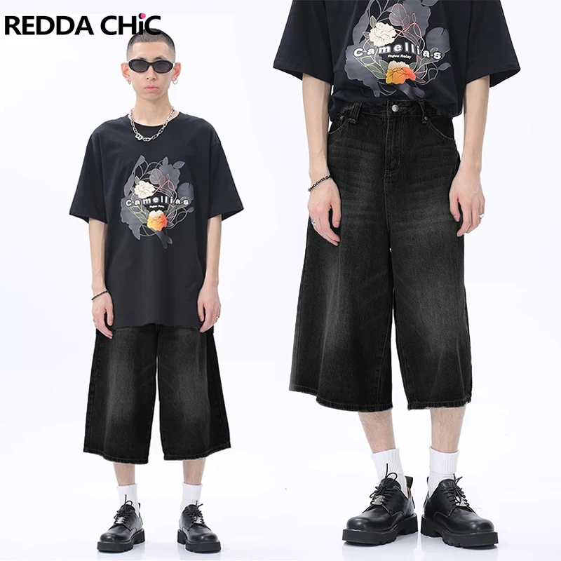 

REDDACHiC Retro Black Whiskers Denim Shorts Men Distressed Frayed Baggy Jorts Casual Wide Leg Short Pants Hiphop Y2k Streetwear